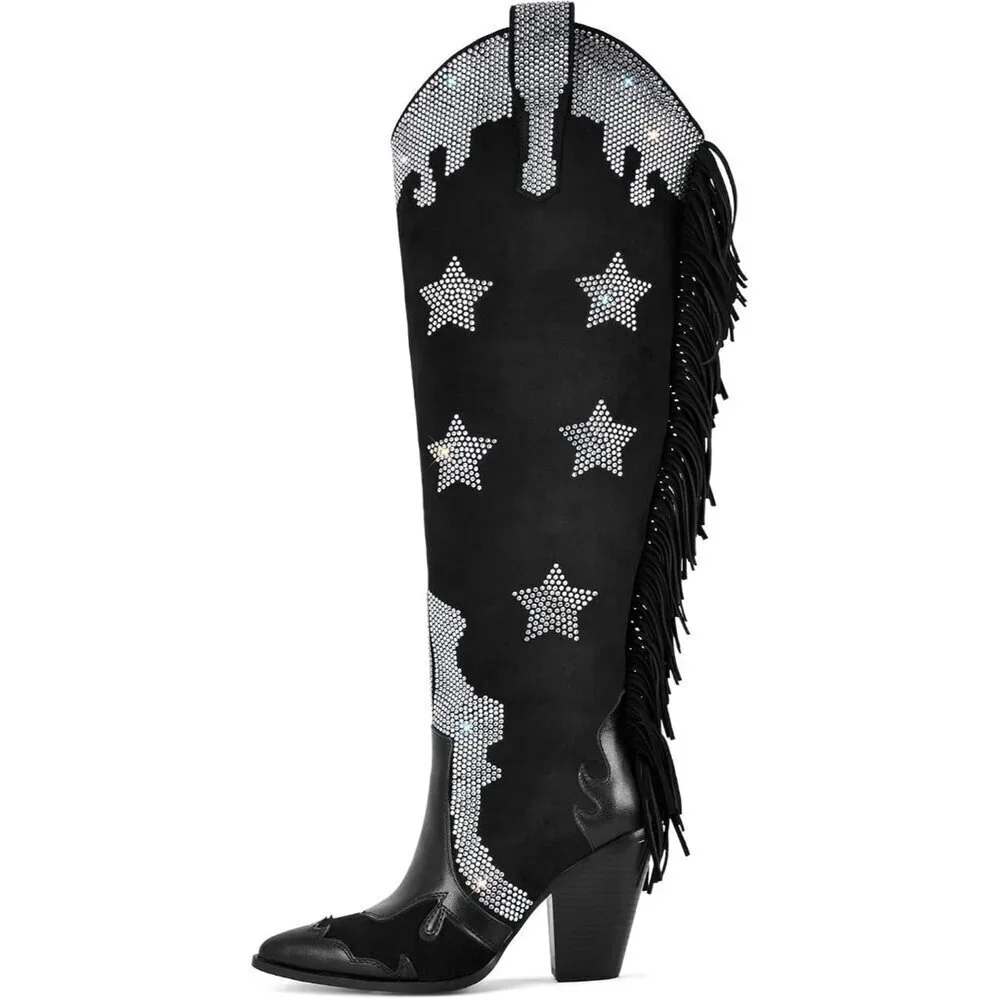 Women Faux Suede Black Rhinestone Embellished  Pointed Toe Knee High Boots
